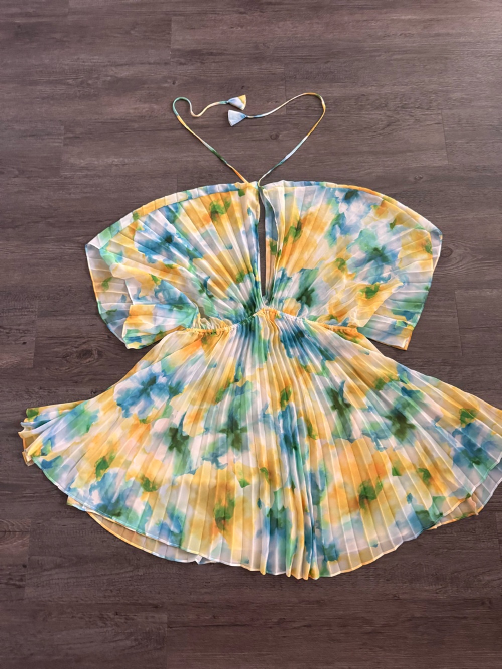 Misa Los Angeles Pleated Mini Dress - Yellow Blue Green